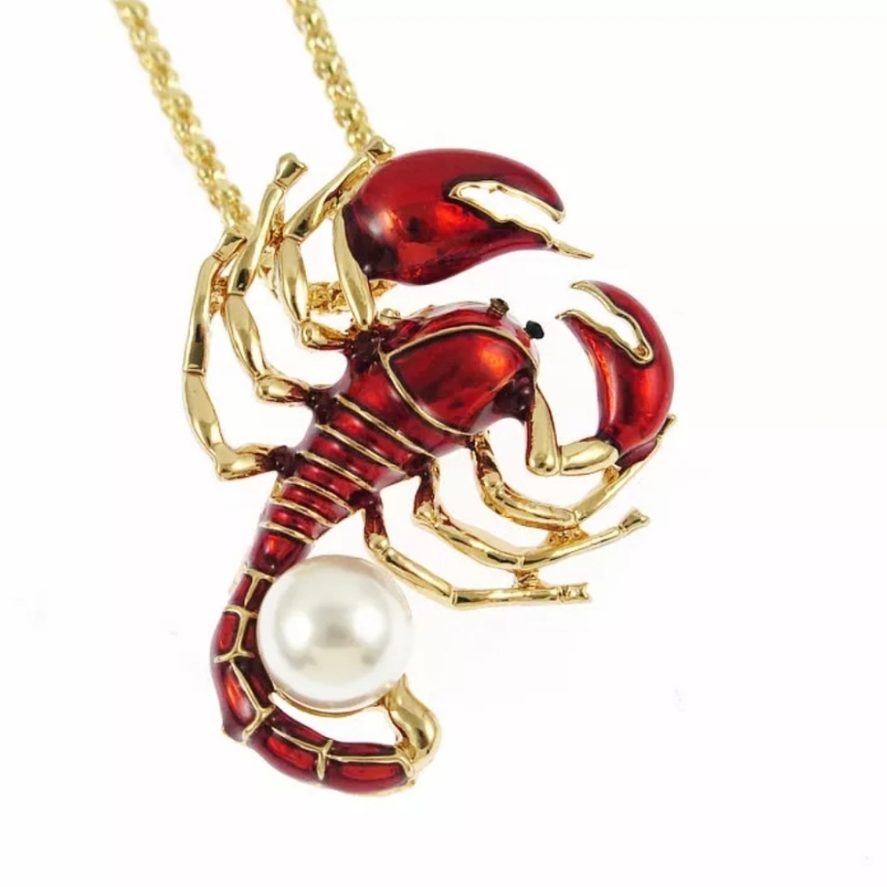 Gold plated red and white or purple and white pearl Scorpion necklace/brooch